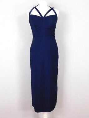The vintage evening dress of the Bournshaw brand, in dark blue oceanic color